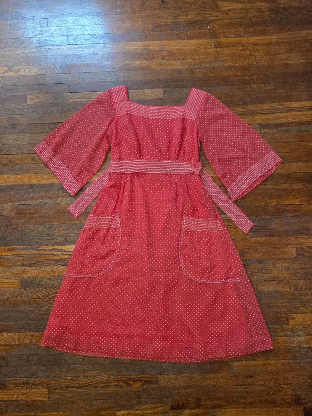 Handmade Vintage 1970’s Red and White Sheer Polka Dot Empire Waist Midi Dress